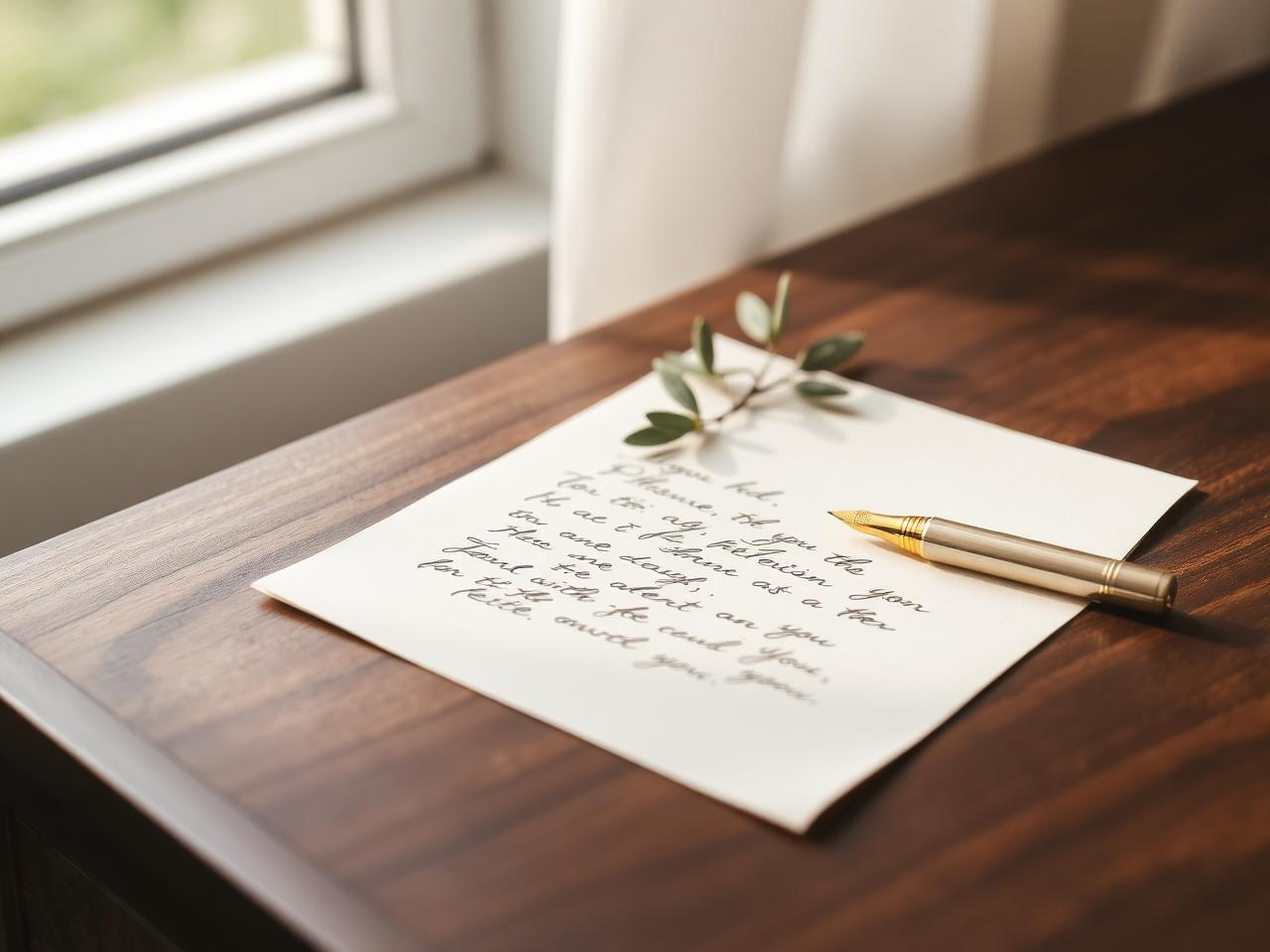 Handwritten note on a walnut desk